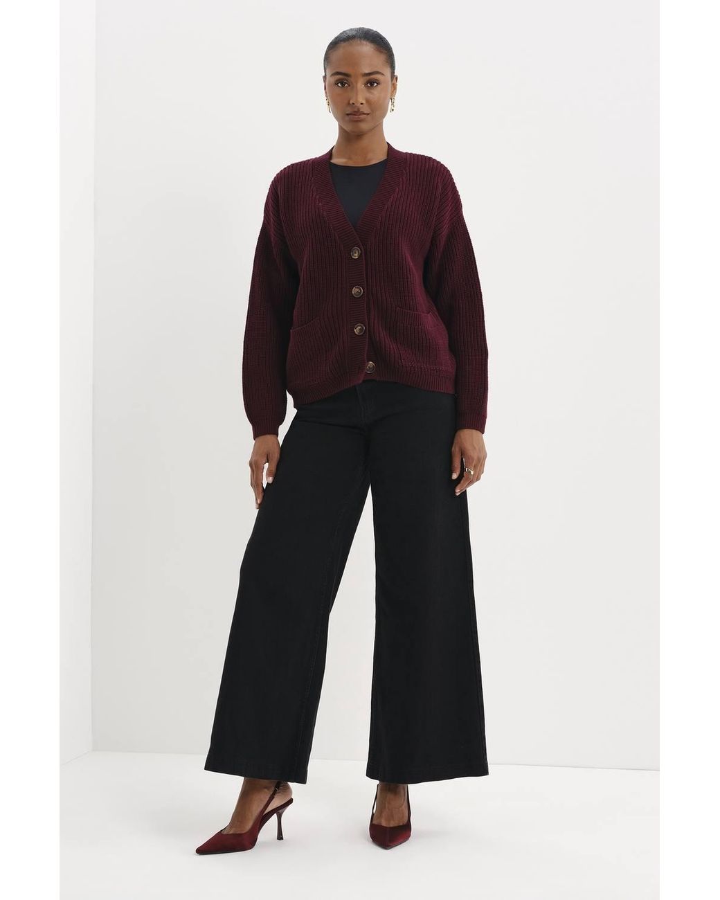 Finery London Red Estella V Neck Button Front Cardigan