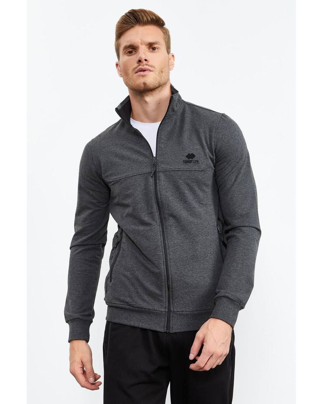 TOMMY LIFE Black Zip-Front Sweatshirt & Pants Set for men