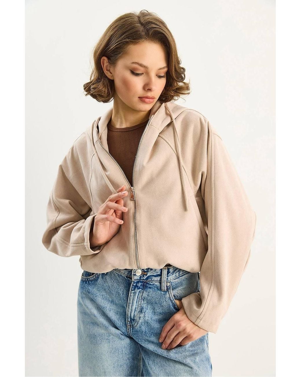 Bianco Lucci Natural Hooded Zipper Jacket