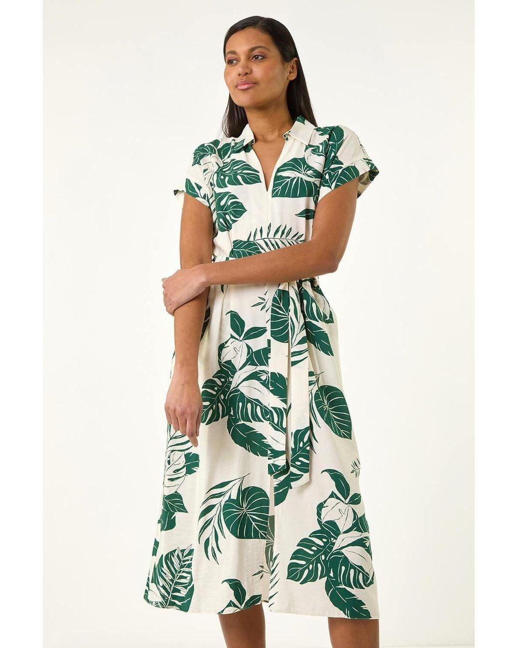 Roman Green Leaf Print Belted Shirt Midi Dress