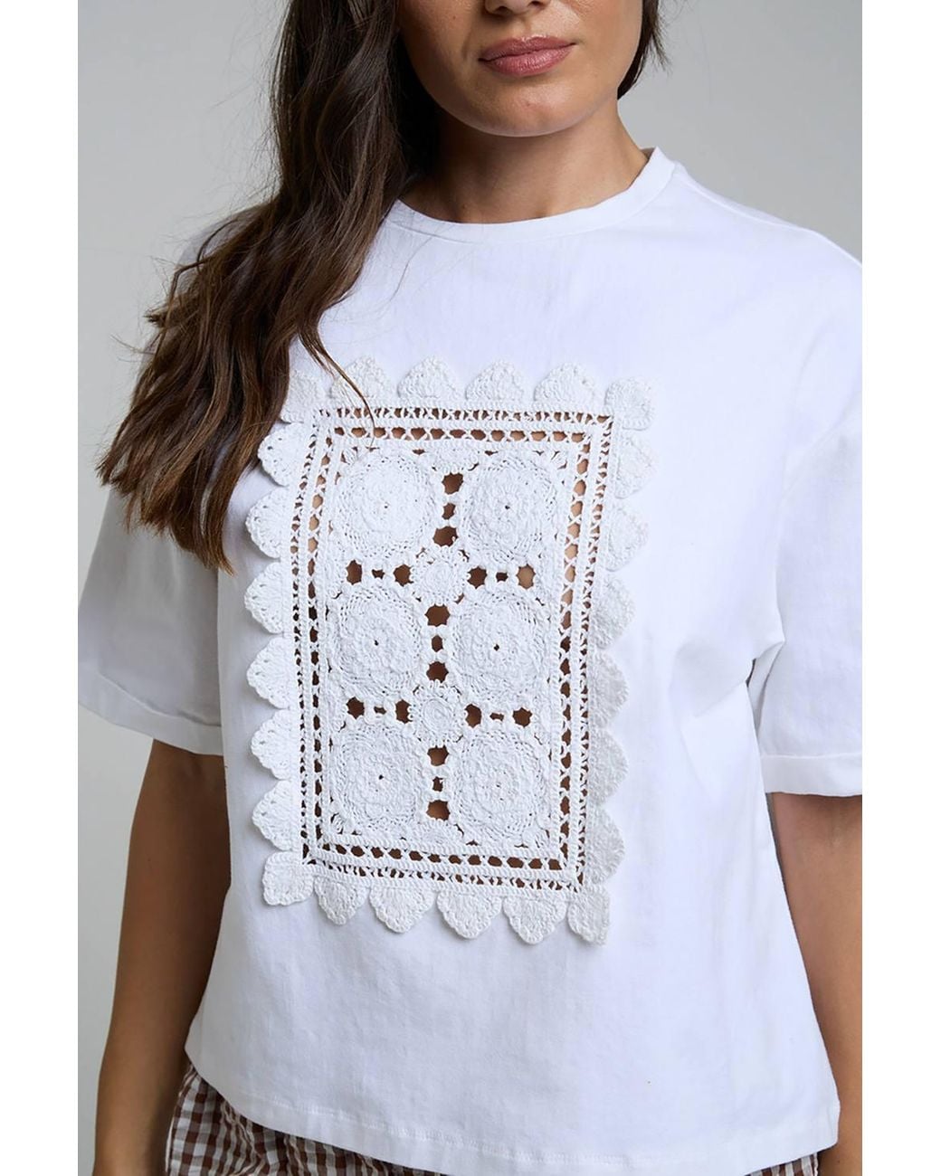 Native Youth White Cotton Crochet Graphic Crew Neck Short Sleeve T-Shirt
