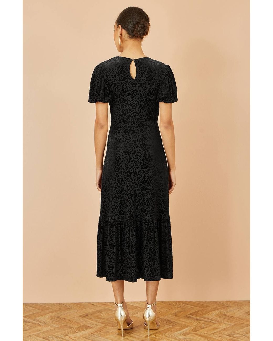 Yumi' Black Floral Velour Velvet Twist Waist Midi Dress