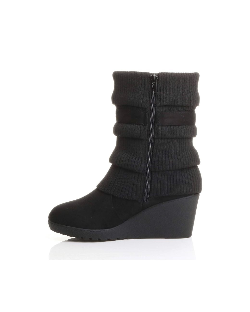 AJVANI Black Mid Wedge Heel Slouch Ankle Boots