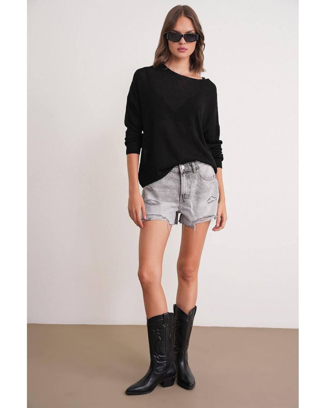 MixRay Black Oversized Boat Neck Knit Sweater
