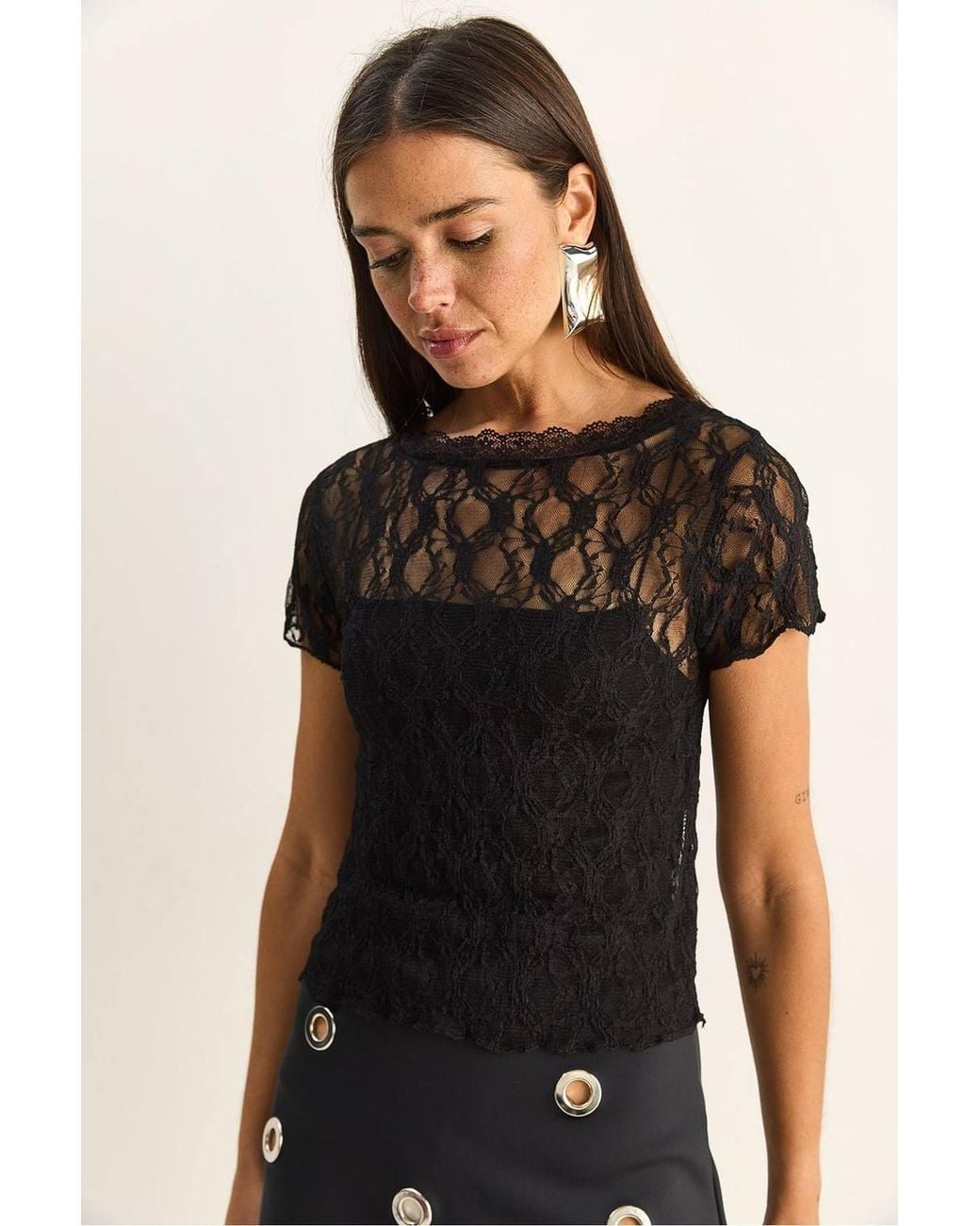 Bianco Lucci Black Lace Crew Neck Blouse