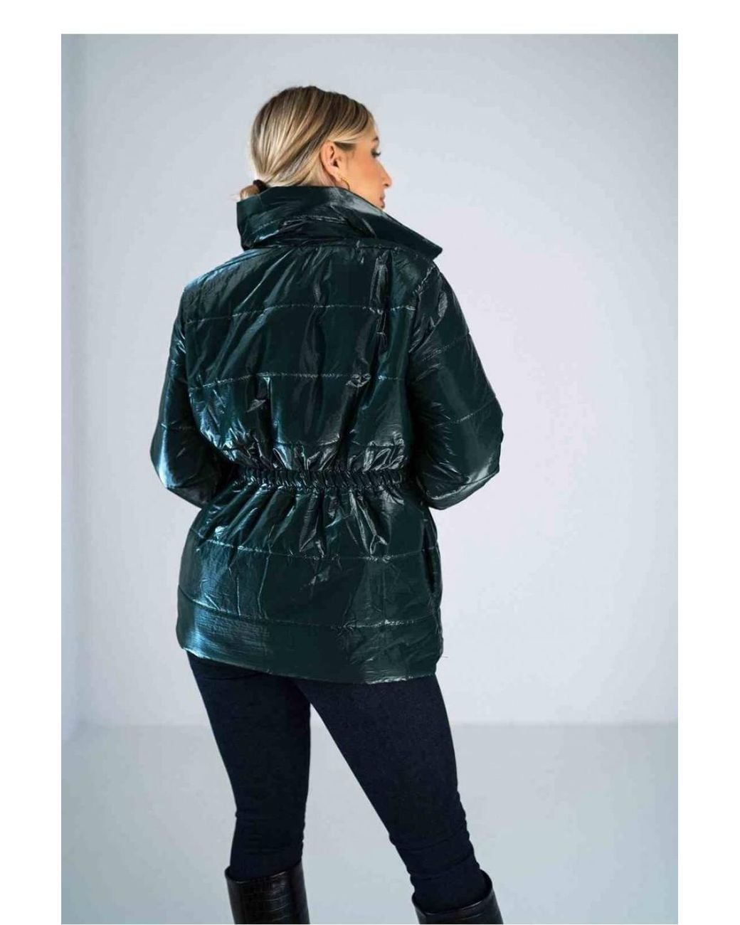 Love Lace Blue Shiny Quilted High Collar Hip Jacket