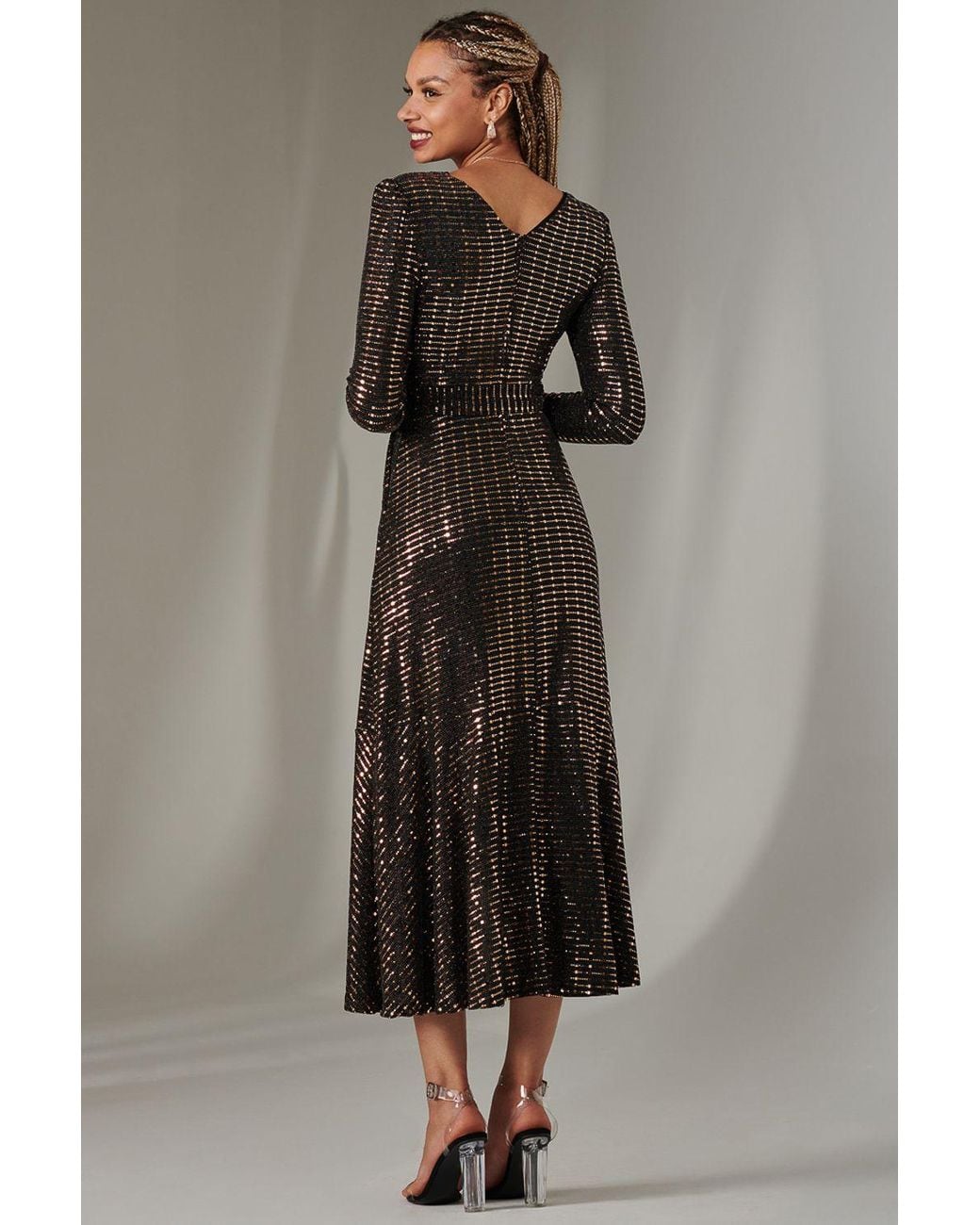 Jolie Moi Brown Long Sleeve Metallic Spot Maxi Dress