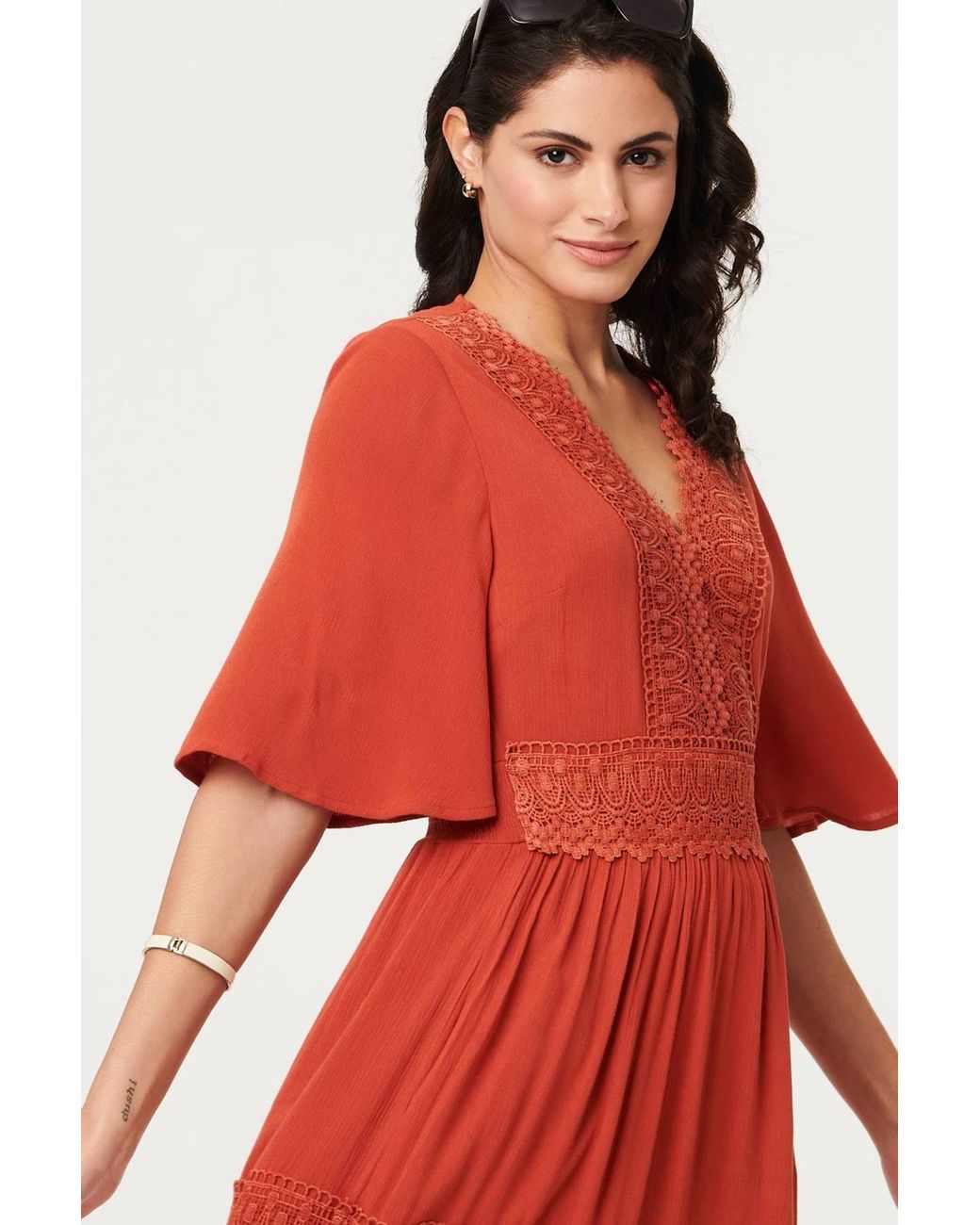 Izabel London Lace Trim Tiered 1/2 Sleeve Maxi Dress