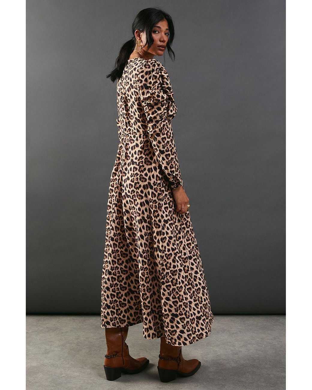 Warehouse Brown Leopard Viscose V Neck Long Puff Sleeve Midi Dress