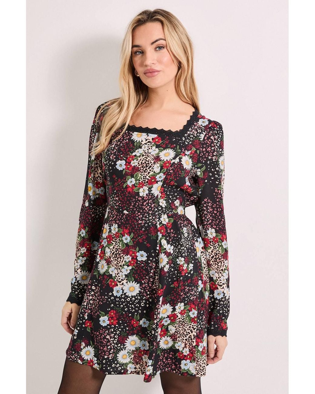 Dorothy Perkins Multicolor Patchwork Floral Square Neck Lace Trim Mini Dress