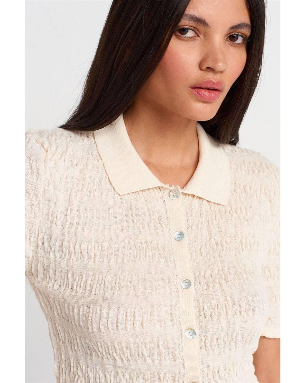 Dilvin Natural Fitted Ribbed Cotton Blend Short-Sleeve Cardigan