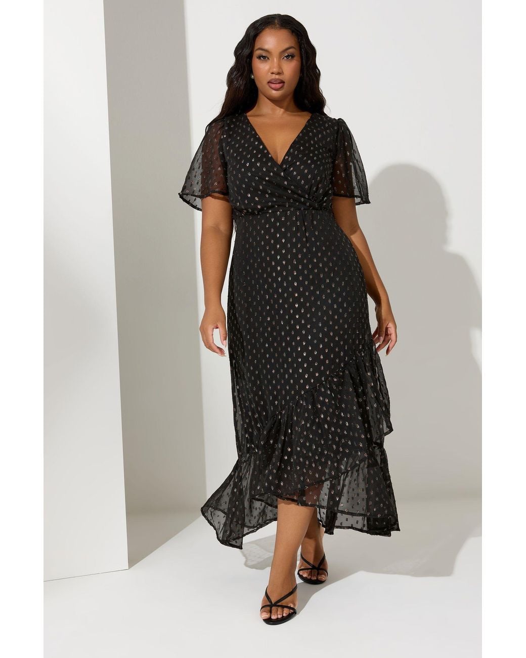 Yours Black Metallic Dobby Wrap Dress