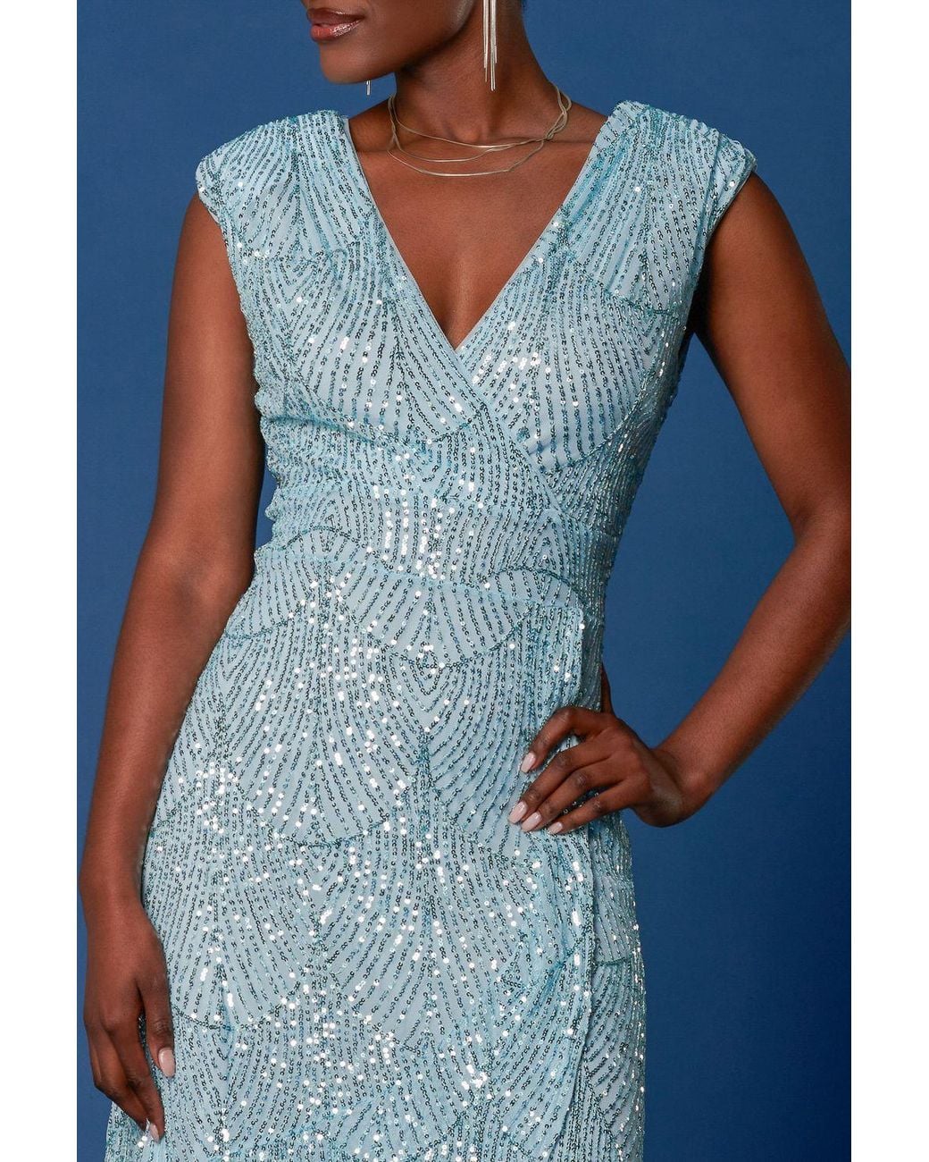 Jolie Moi Blue Sequin High Low Hem Maxi Dress