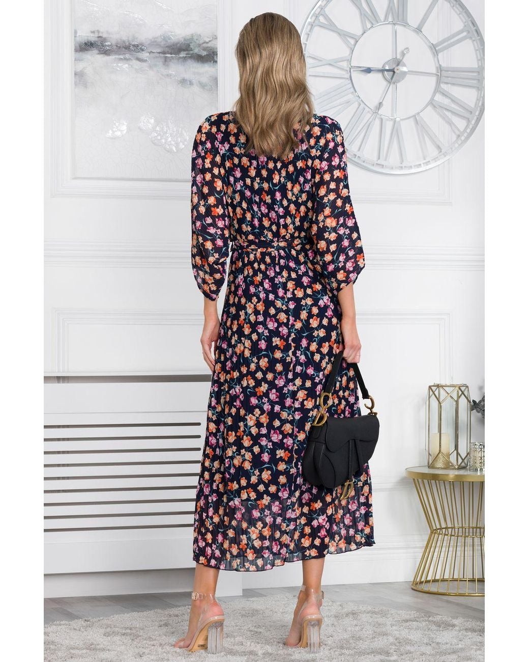 Jolie Moi Blue Chiffon Pleated Batwing Sleeve Maxi Dres