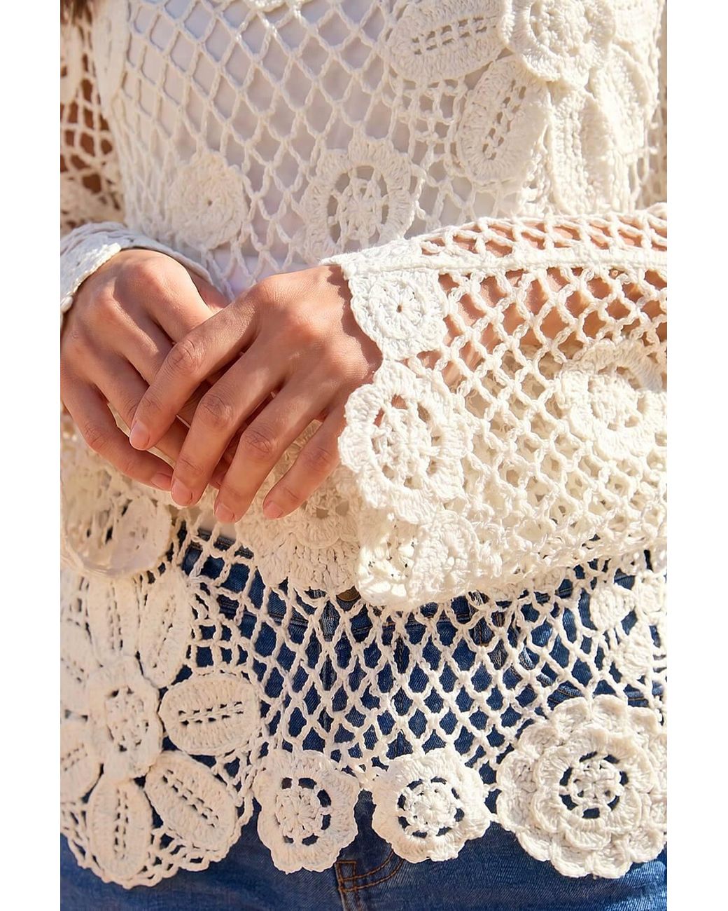 Roman Blue Floral Open Crochet Knit Tunic