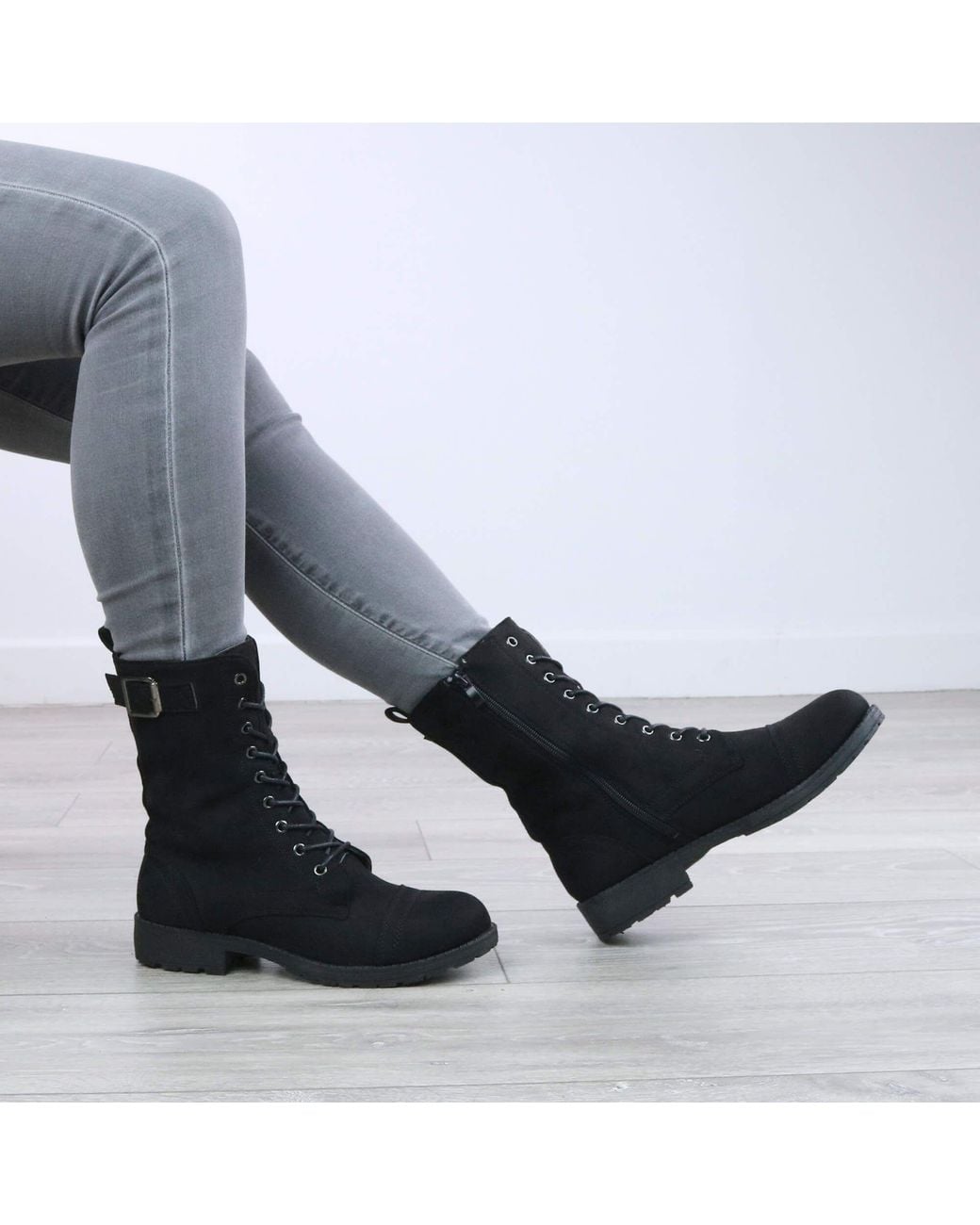 AJVANI Black Lace Up Military Combat Ankle Biker Boots