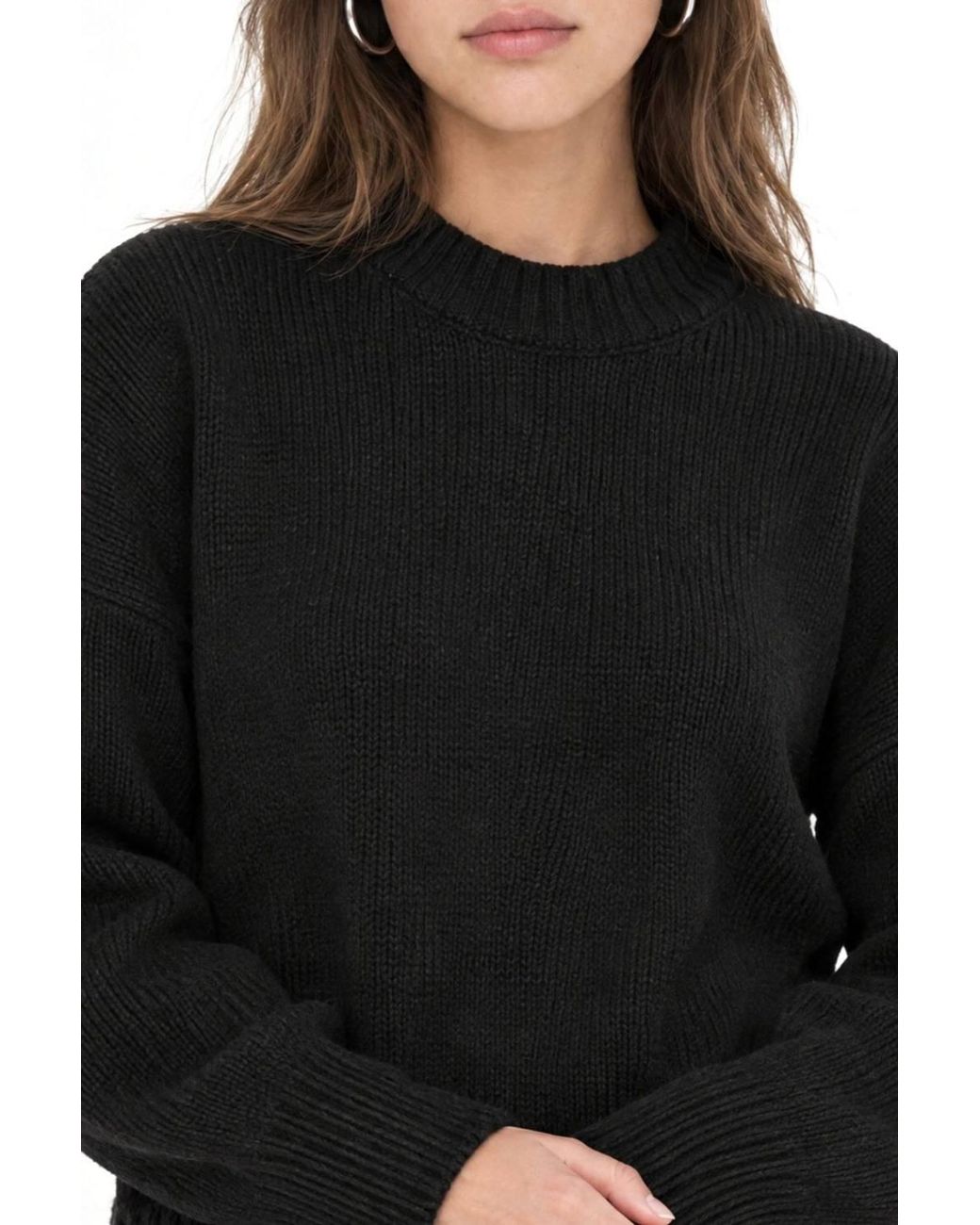 MixRay Black Oversized Ribbed Knit Sweater With Crew Neck