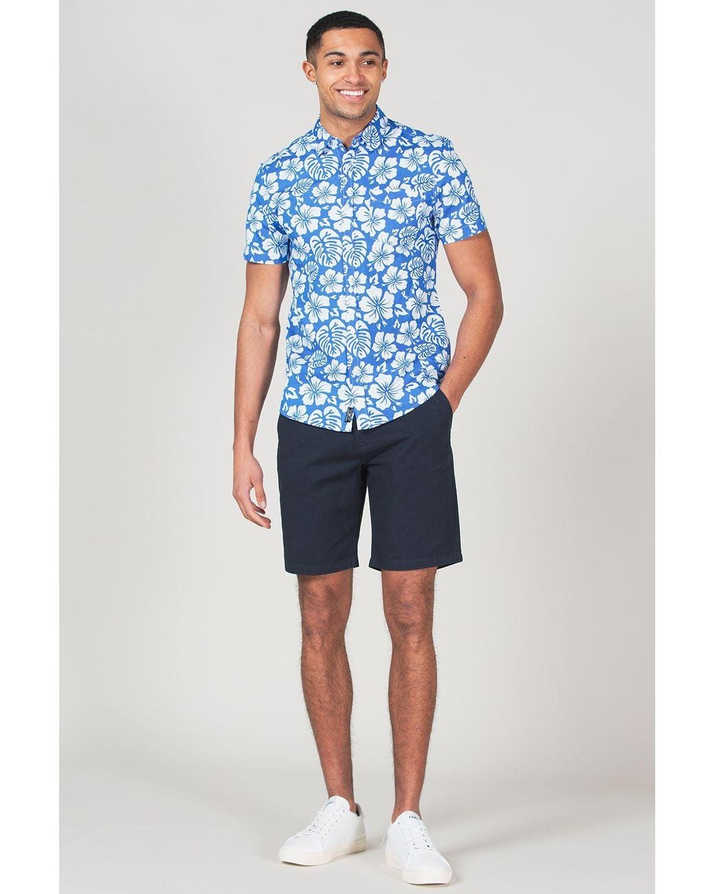 Tokyo Laundry Blue Cotton Short Sleeve Button-Up Printed Shirt for men