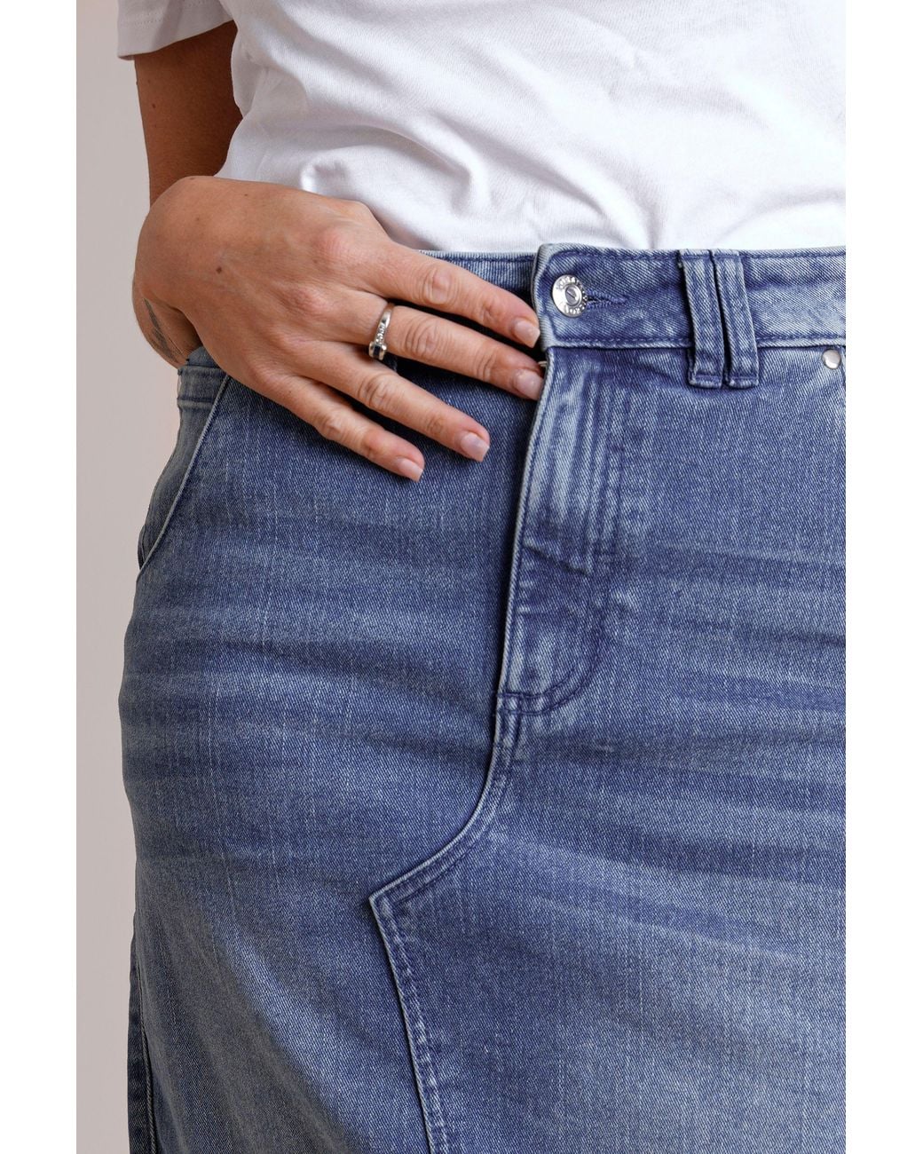 Enorsia Blue Distressed Knee Length Denim Skirt