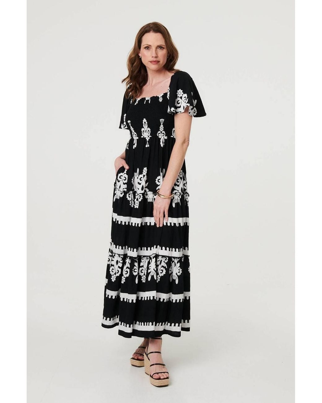 Izabel London White Ikat Print Short Angel Sleeve Maxi Dress