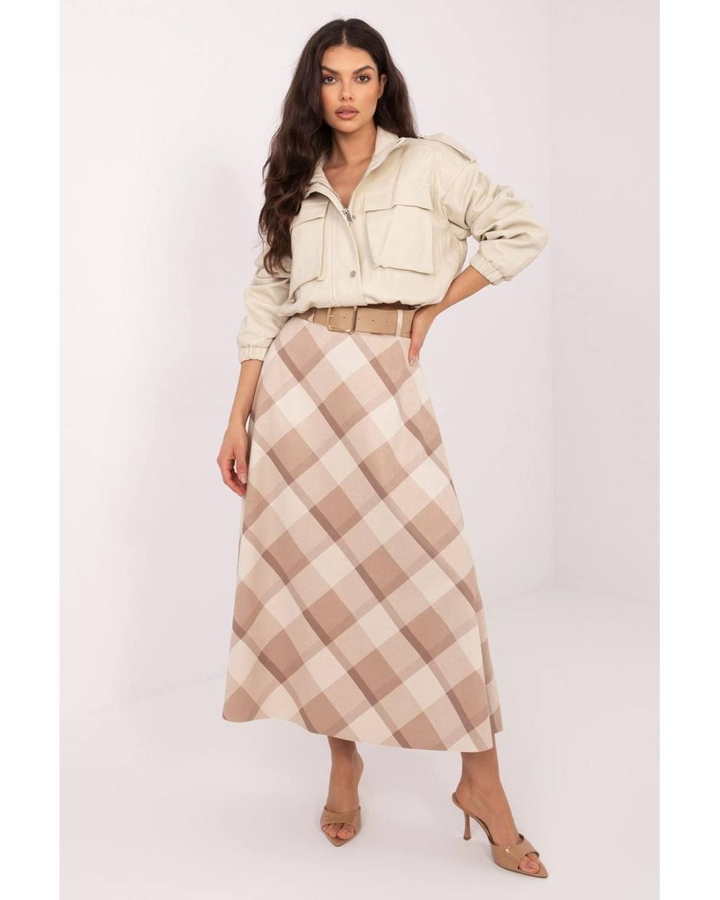 Love Lace Natural Office Check Flared Maxi Skirt