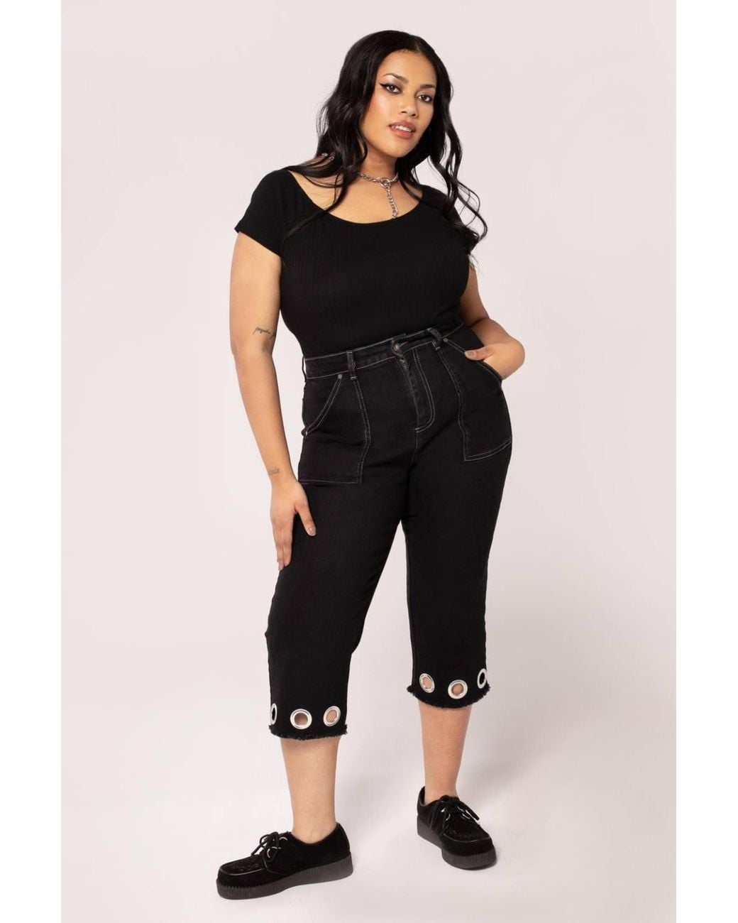 Hell Bunny Black Destroya Denim Cropped Wide Leg Jeans With Raw Hem & Eyelet Detail