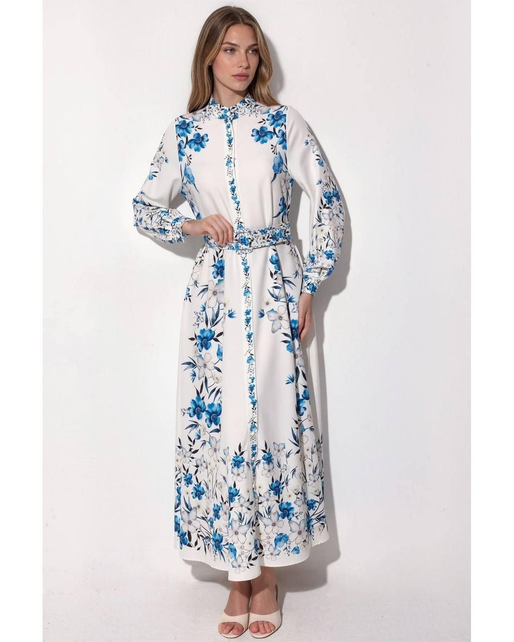 Msn-Collection Blue Floral Belted Maxi Shirt Dress