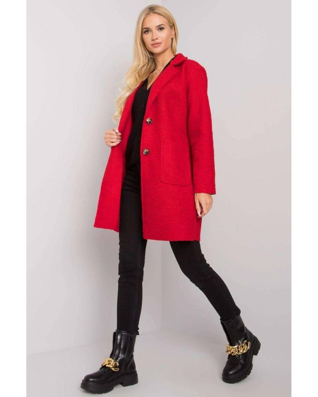 Love Lace Red Boucle Coat With Button Closure Pockets