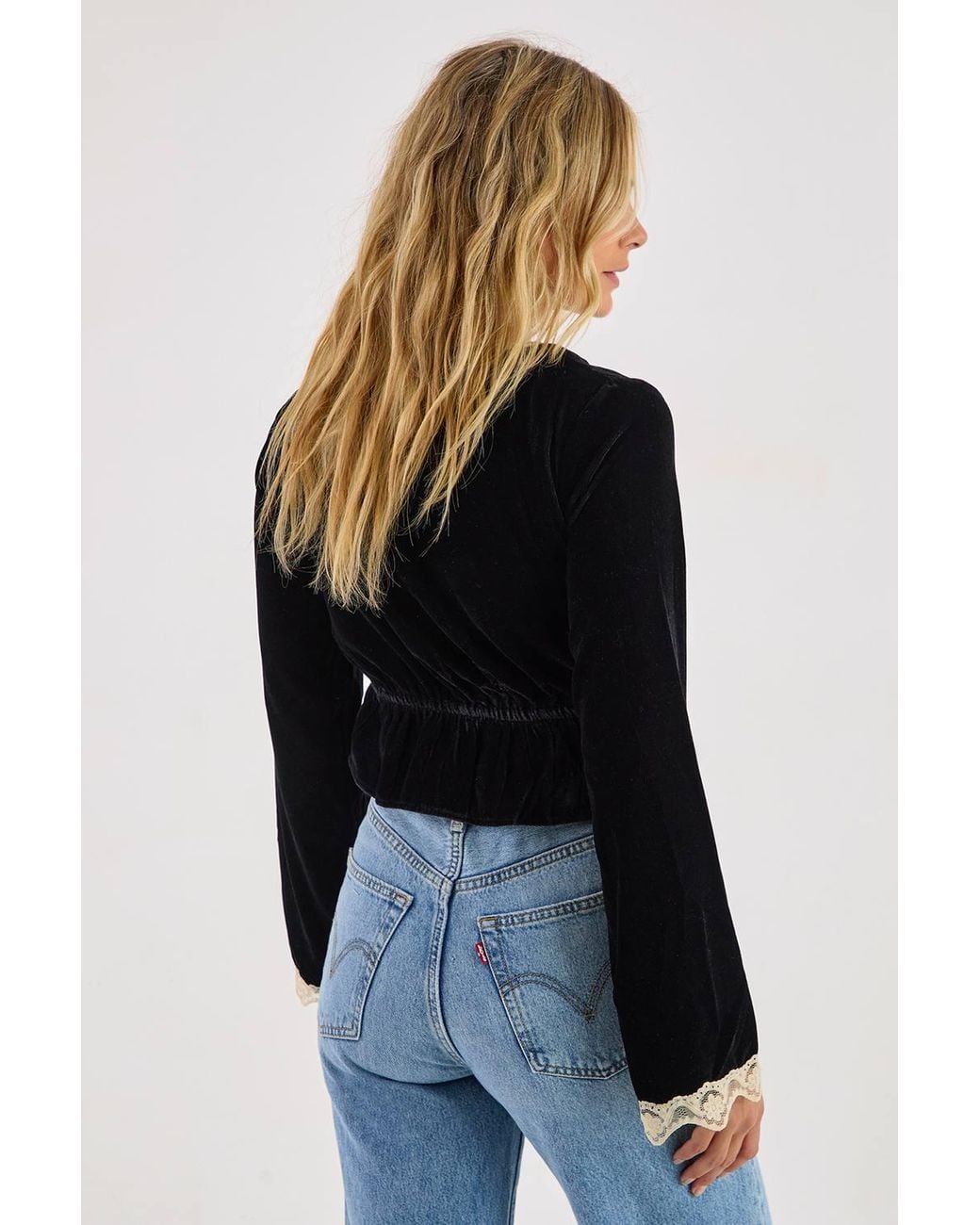 Nasty Gal Blue Velvet Lace Trim Tie Front Long Sleeve Top