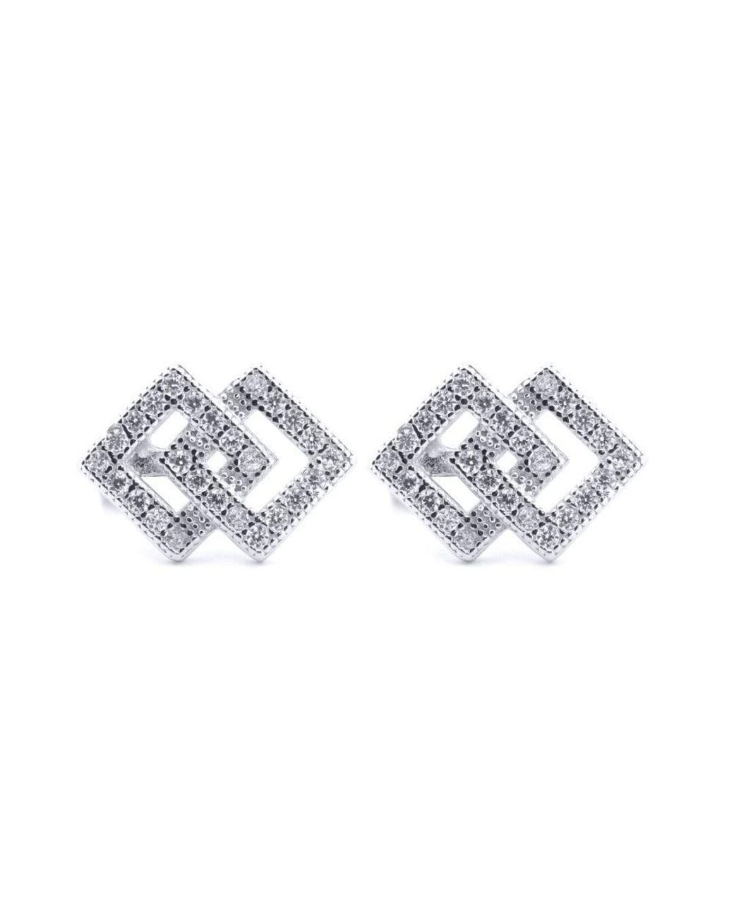 Jewelco London Metallic Round Cz Interlocking Squares "Copy" Icon Stud Earrings