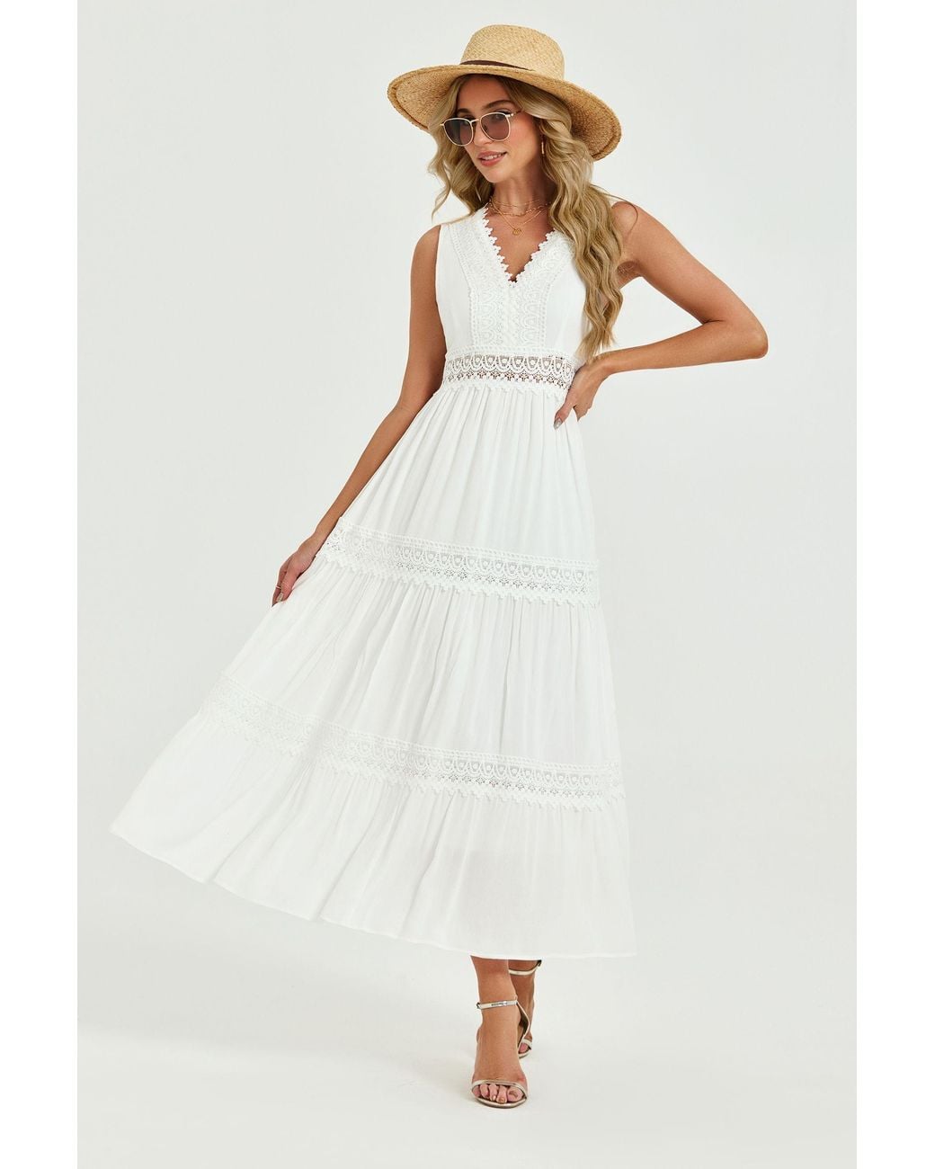 FS Collection White Lace Trim V-Neck Tiered Sleeveless Midi Dress