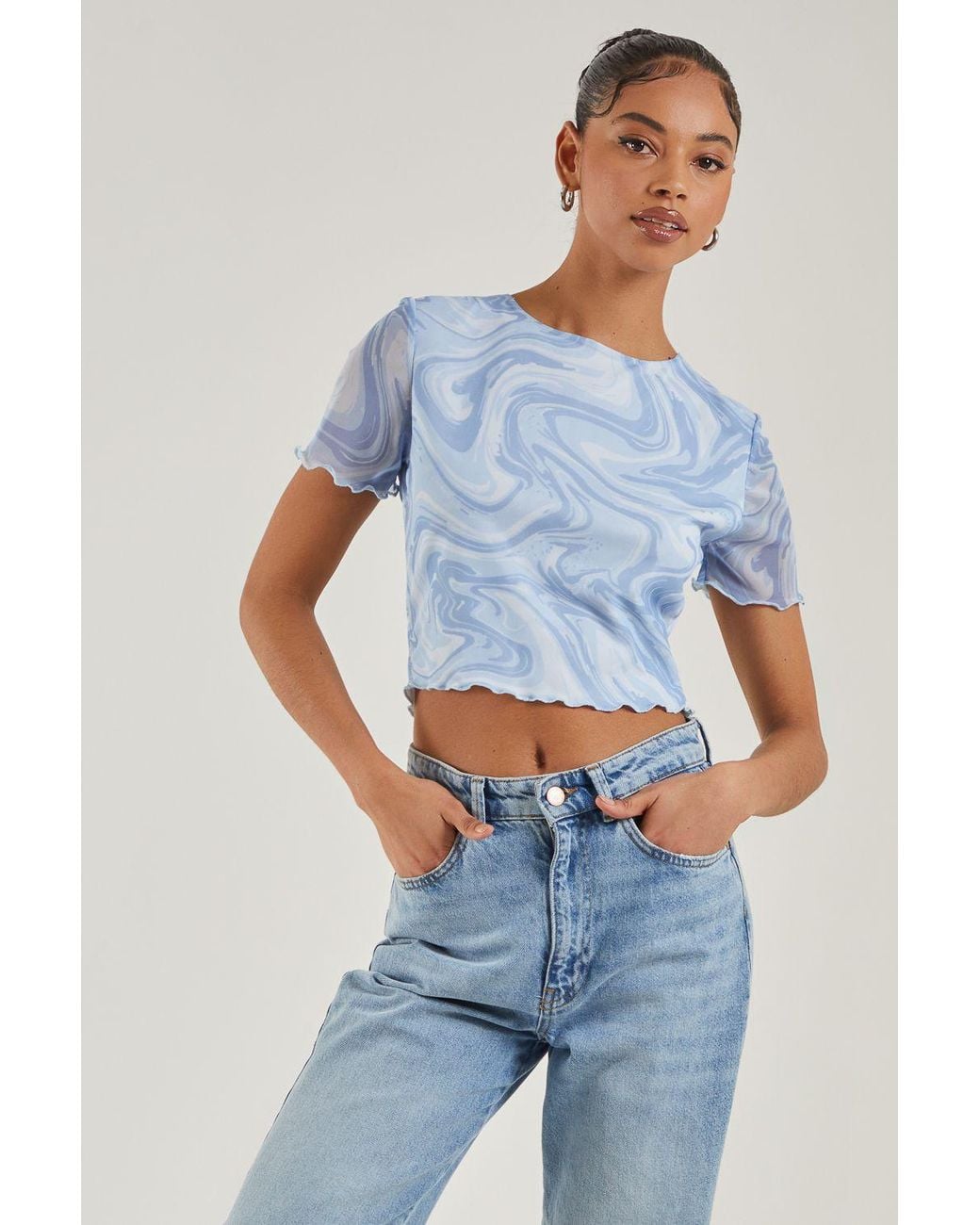 Pink Vanilla Blue Swirl Print Capped Sleeve Mesh Top