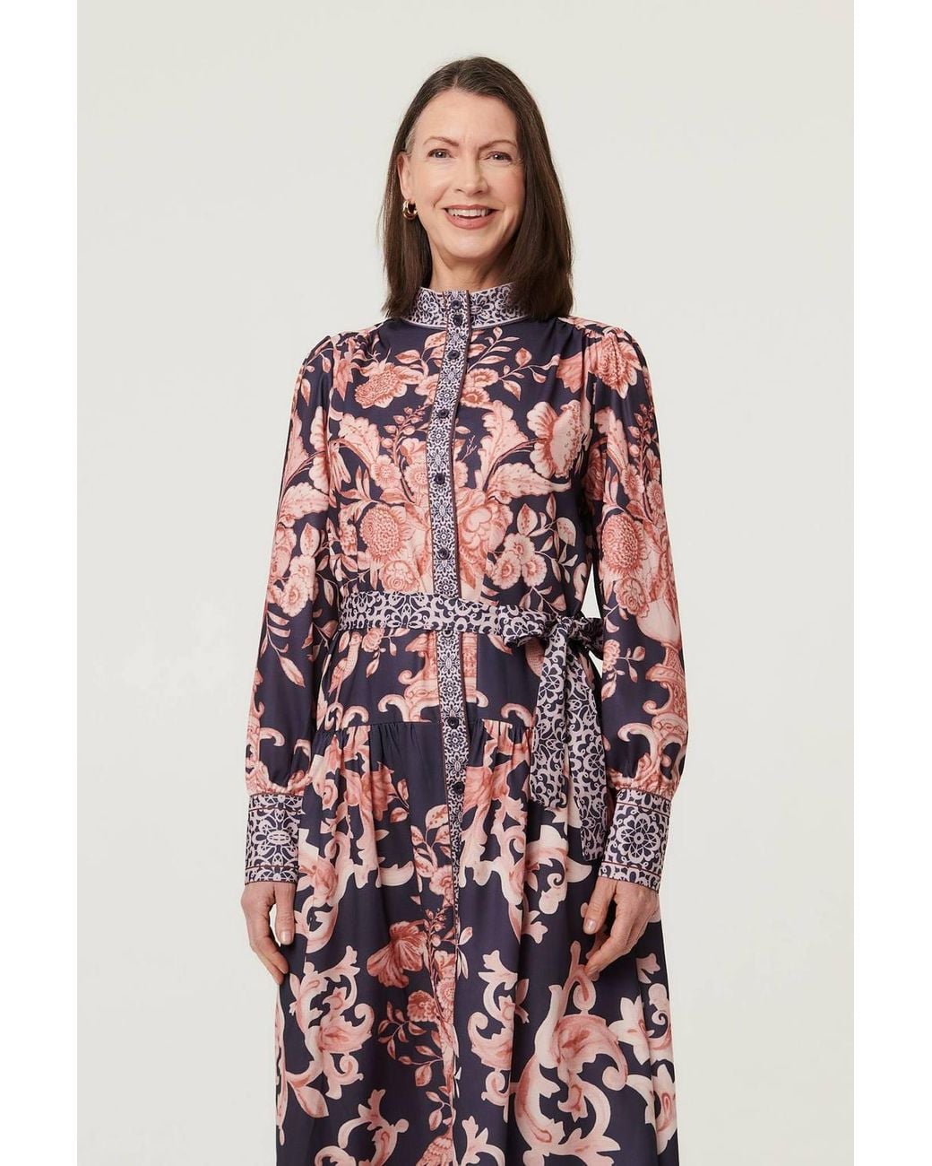 Izabel London Red Border Print High Neck Maxi Shirt Dress
