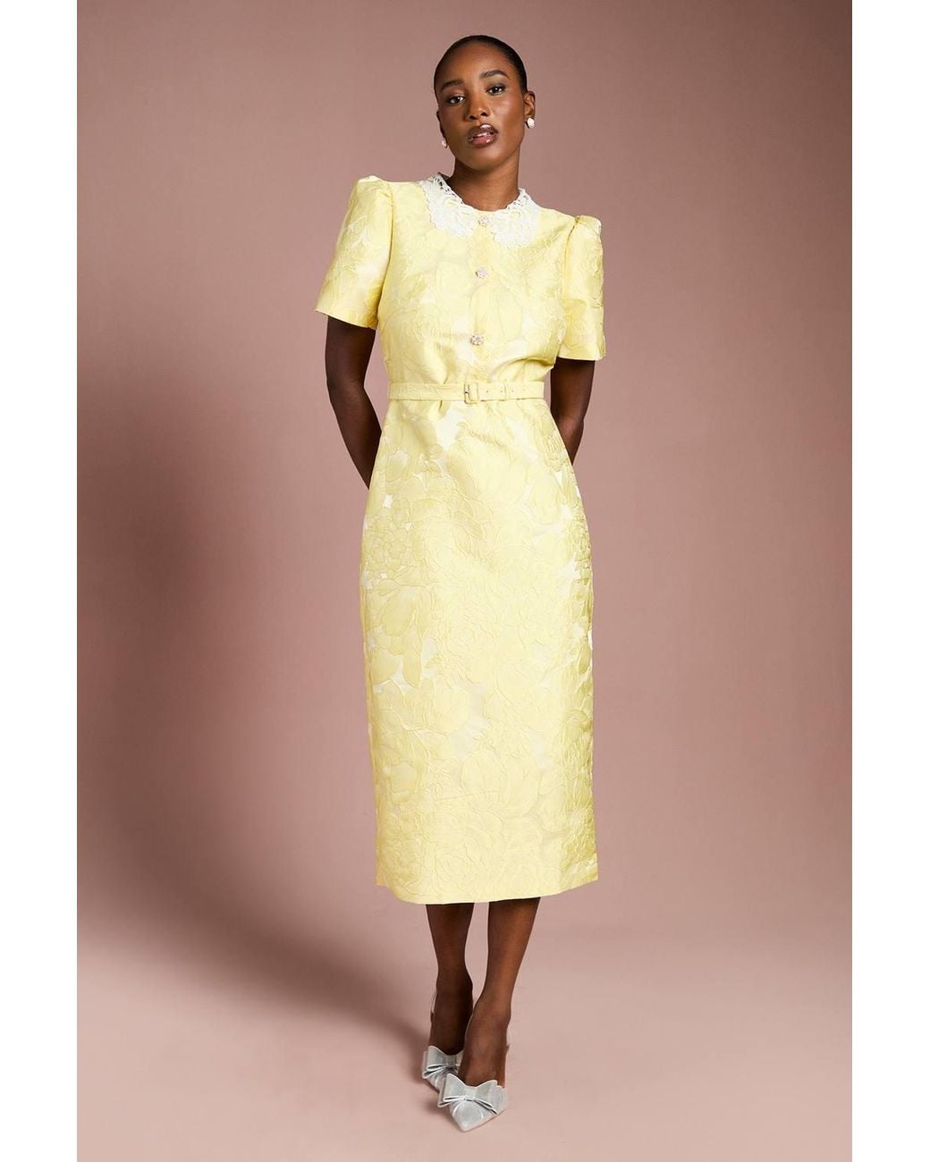 Coast Yellow Puff Sleeve Collared Jacquard Midi Dress