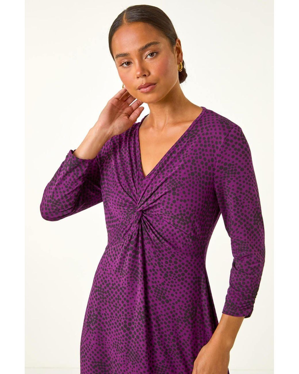 Roman Purple Petite Twist Front V-Neck Midi Dress
