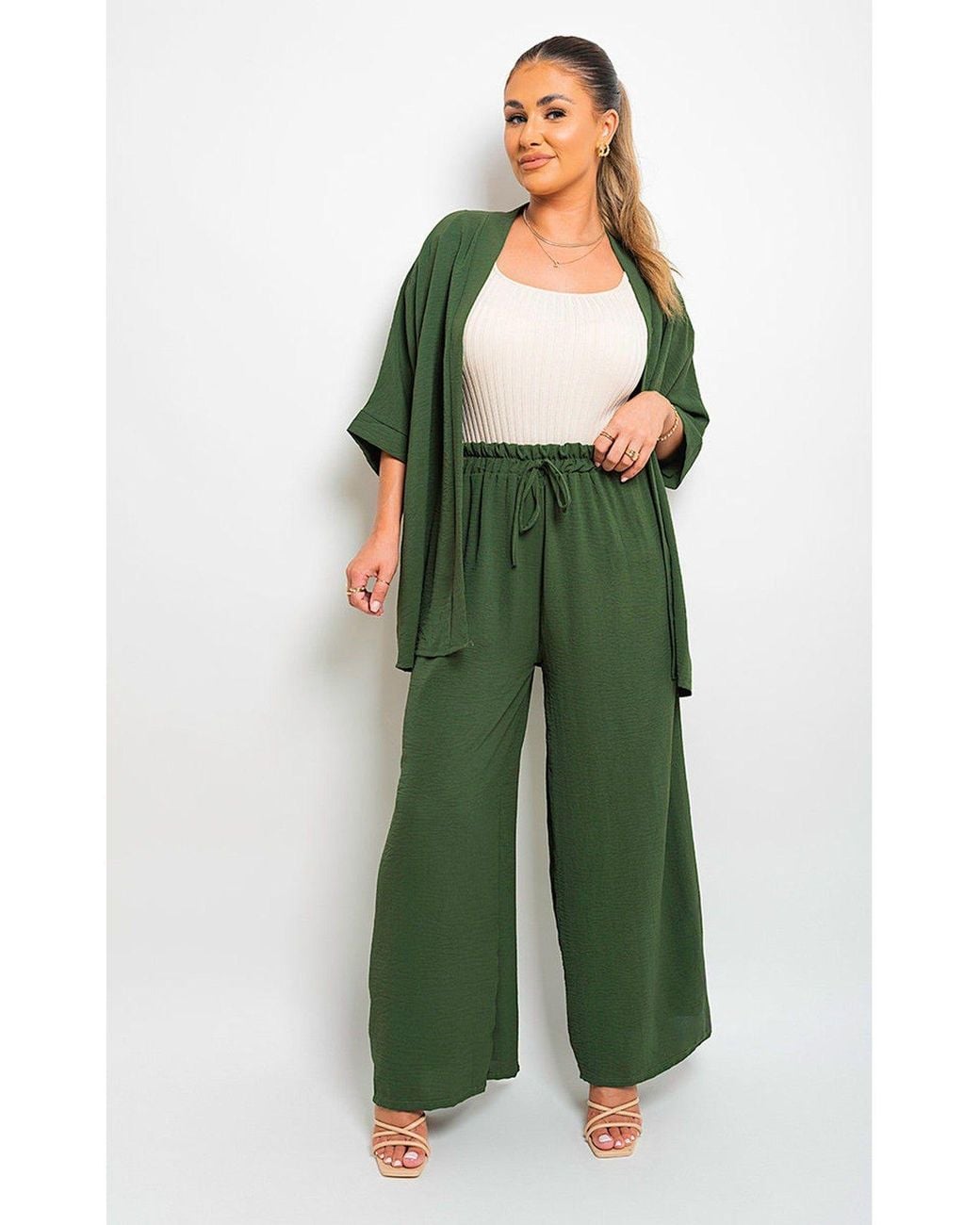 IKRUSH Green Mollie Drawstring Gathered Waist Wide Leg Trouser