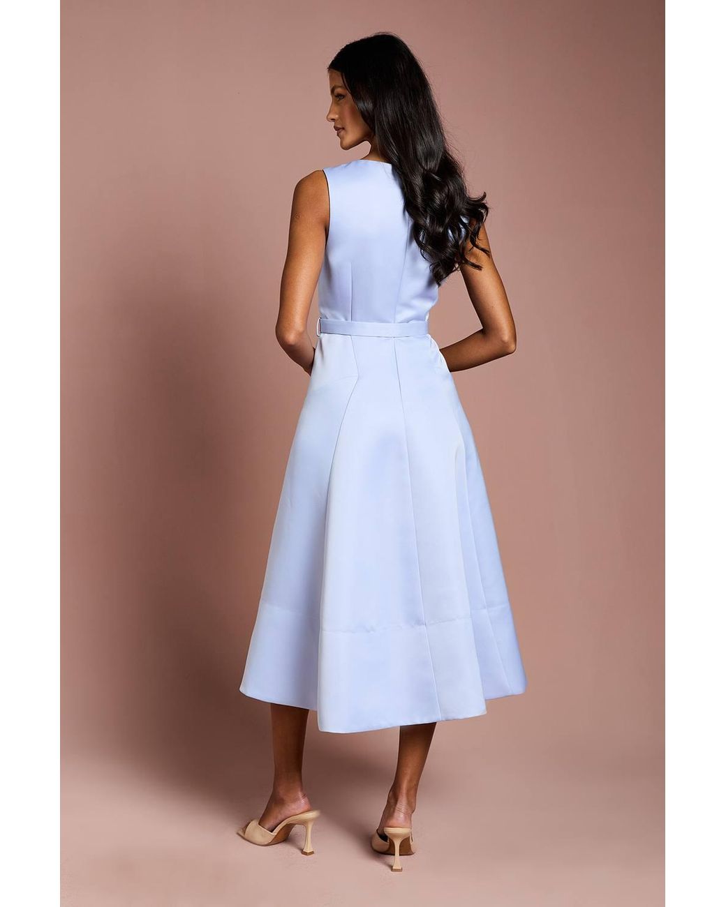 Coast Blue Petite V Neck Structured Satin Belted Midi Dress