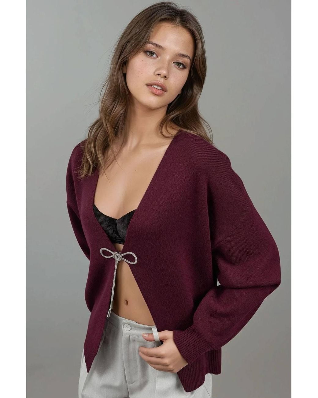 Hiccup Purple V-Neck Knitwear Cardigan With Bow Detail