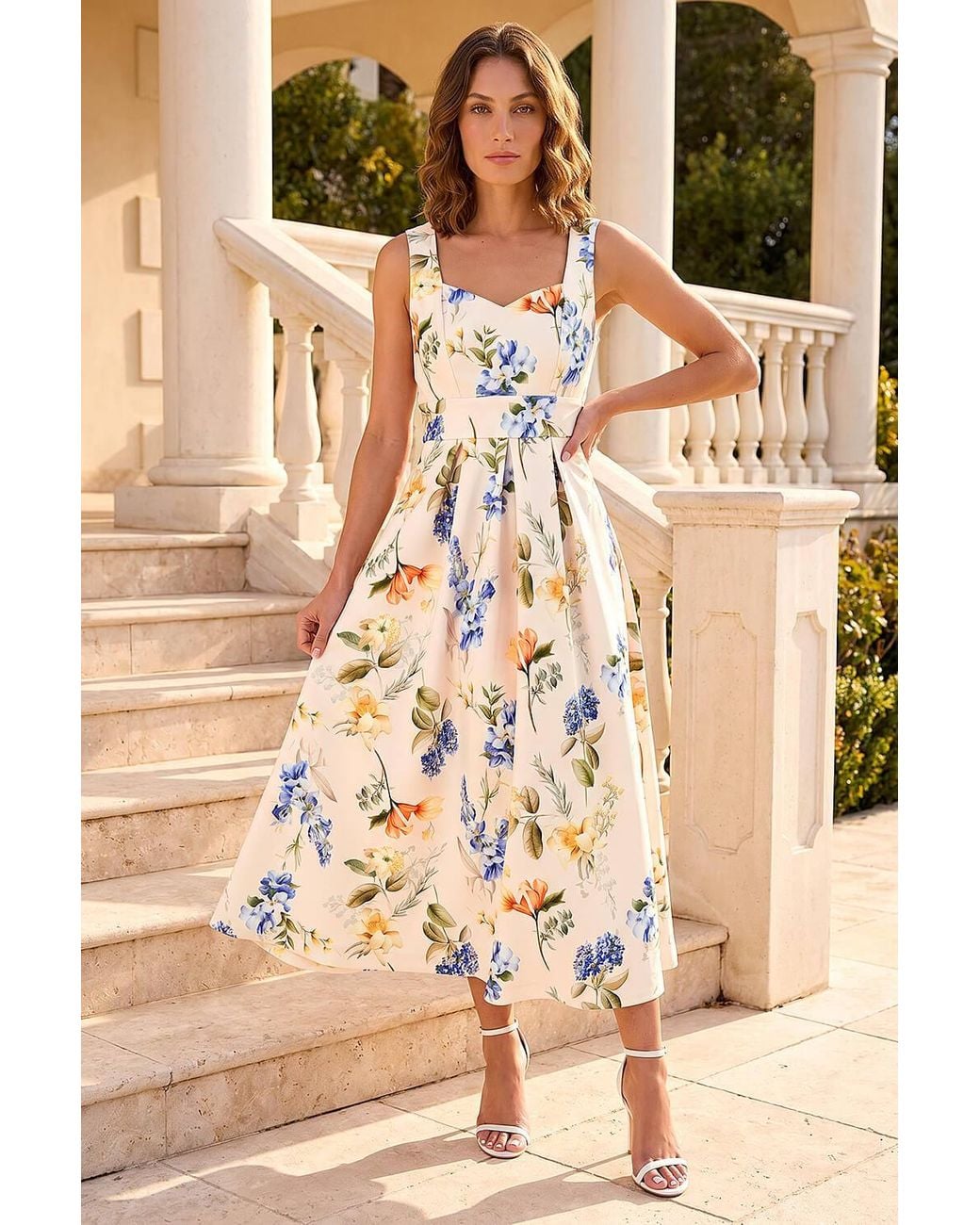 Roman Natural Petite Floral Print Premium Stretch Midi Dress
