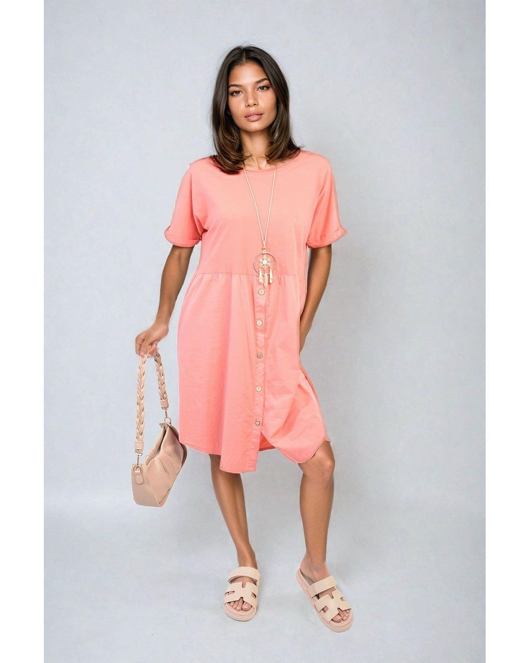 IKRUSH Pink Aileen Short Sleeve Button Front Midi Dress