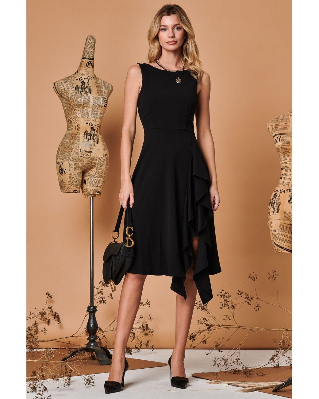 Jolie Moi Black Fit & Flare Ruffle Detail Midi Dress