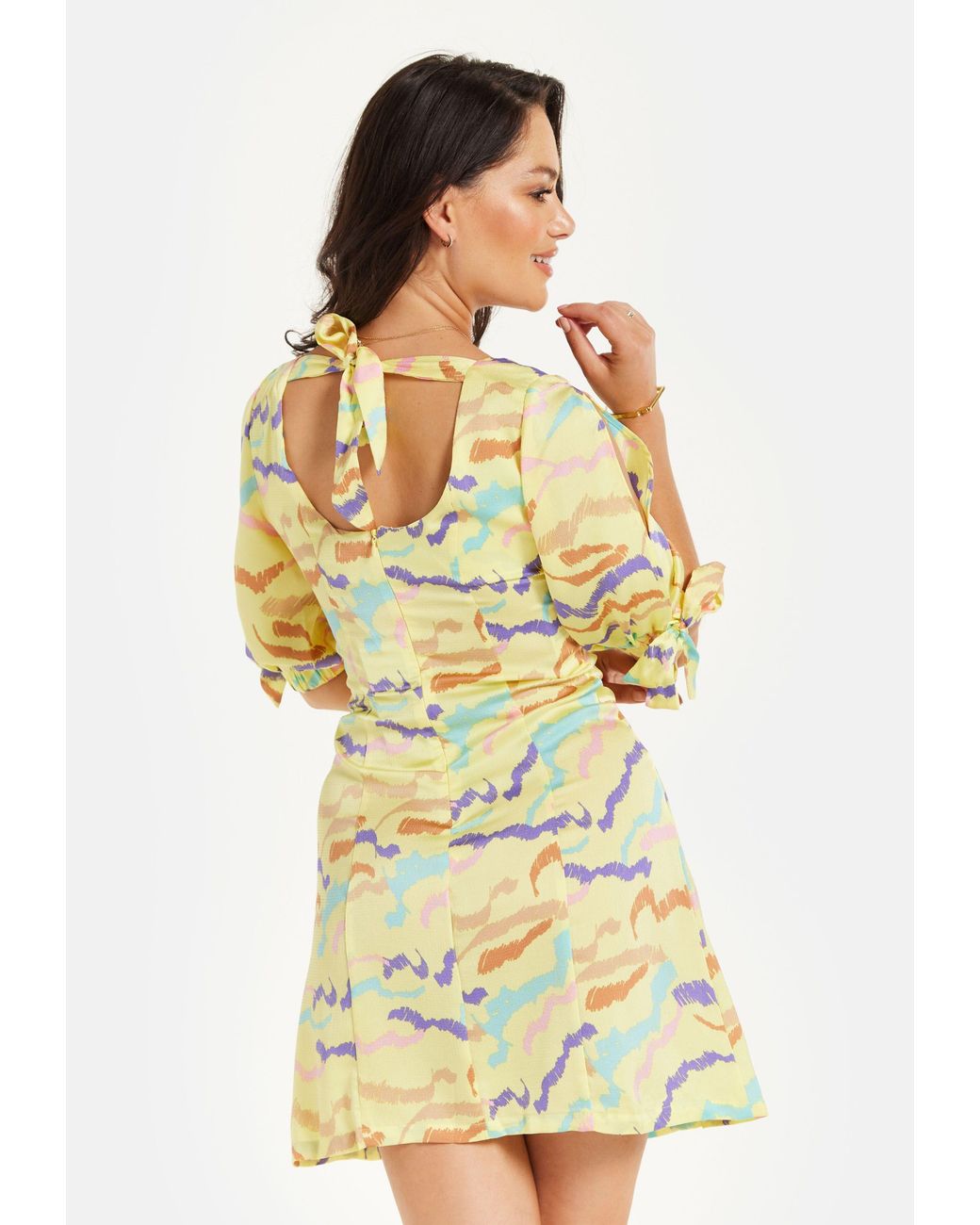 Liquorish Yellow Abstract Zebra Print Mini Dress With Back Tie Up