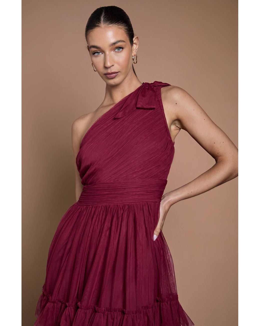 Oasis Pleated Mesh One Shoulder Tiered Maxi Bridesmaid Maxi Dress
