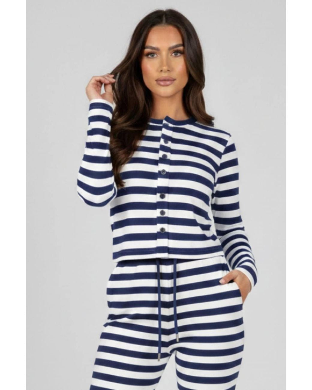 Stylewise Blue Stripe Ribbed Button Detail Top & Wide Leg Trouser Co-Ord