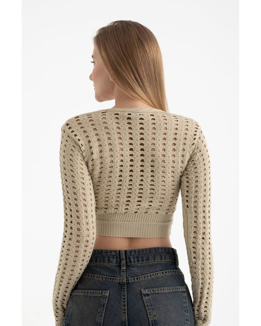 Hiccup Natural Scoop Neck Knitted Cut Out Long Sleeve Crochet Blouse