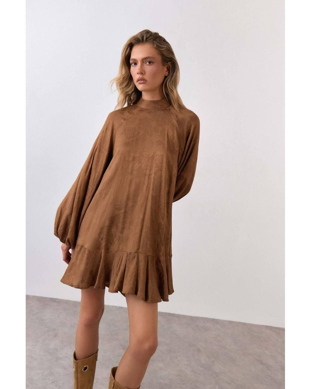 Warehouse Brown Jacquard Blouson Sleeve Mini Dress