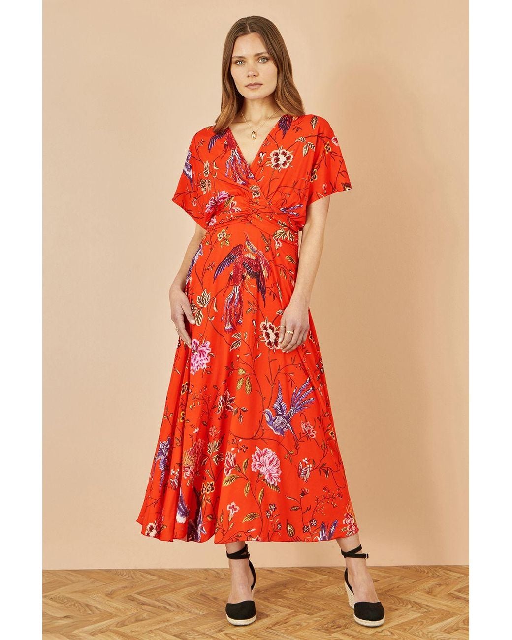 Yumi' Red Viscose Bird & Floral Print Kimono Midi Dress