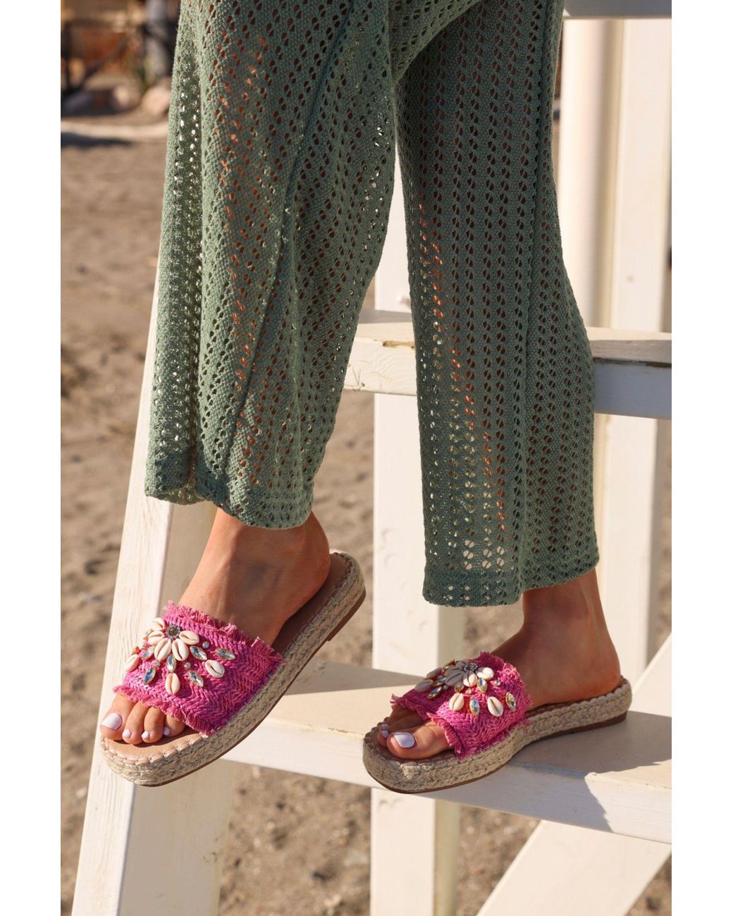 Linzi Pink Seaside Raffia Embellished Sliders