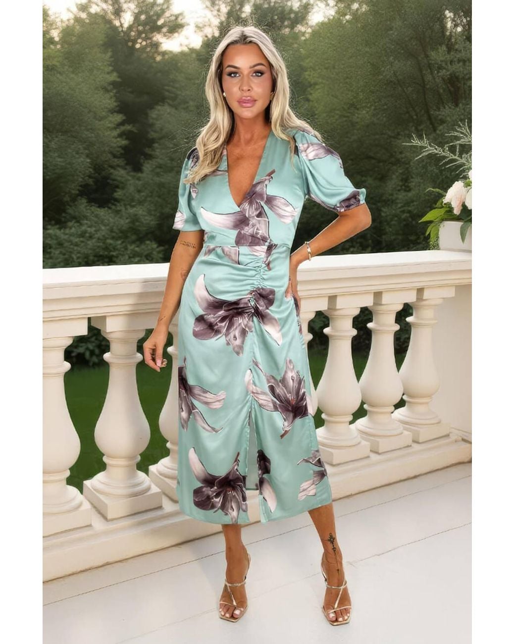 AX Paris Green Duck Egg Floral Print Wrap Top Ruched Detail Midi Dress