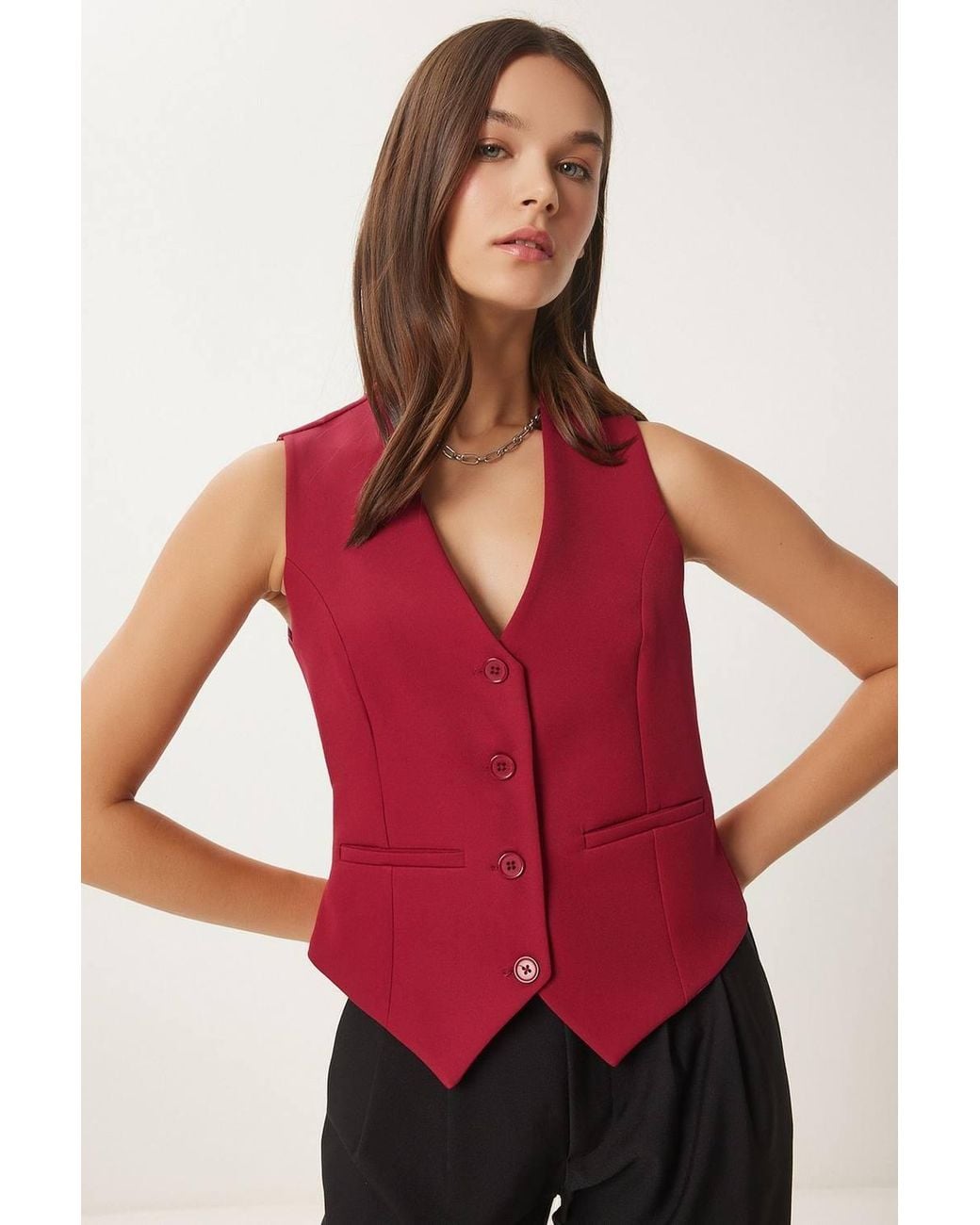Happiness İstanbul Red Crop Button Waistcoat